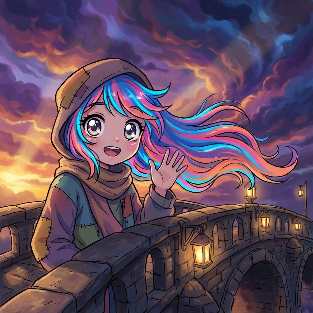 A vibrant anime-style character with big eyes and (#pic_197)