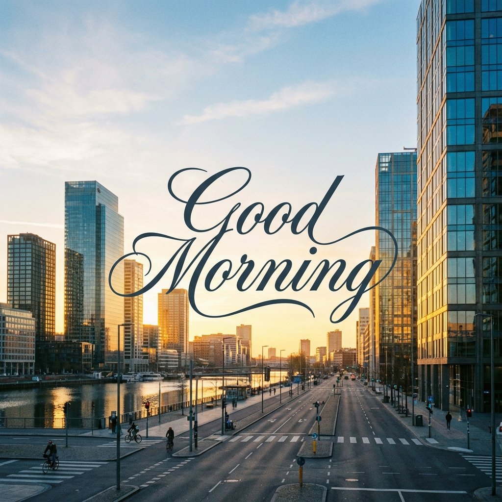 A modern city skyline at sunrise, glass buildings (#pic_268)