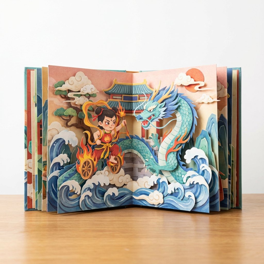 多层折叠式纸雕立体绘本，放在一张书桌上，背景纯净突出主题，绘本呈现出立体翻页书般的风格，比例为2:3竖版。翻开的书页呈现... (#pic_269)