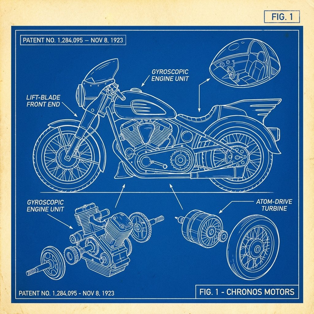 A blueprint schematic of a retro-futuristic motorcycle, draw... (#pic_277)
