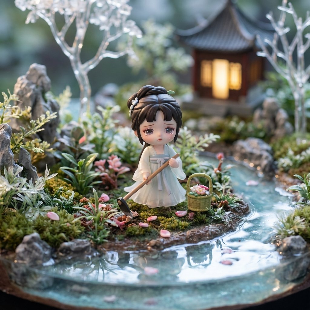 以微型立体场景呈现，运用移轴摄影的技法，呈现出梦幻而灵动的意境。画中乃《红楼梦》之林黛玉葬花一幕，场景细致而迷人，如童话... (#pic_283)