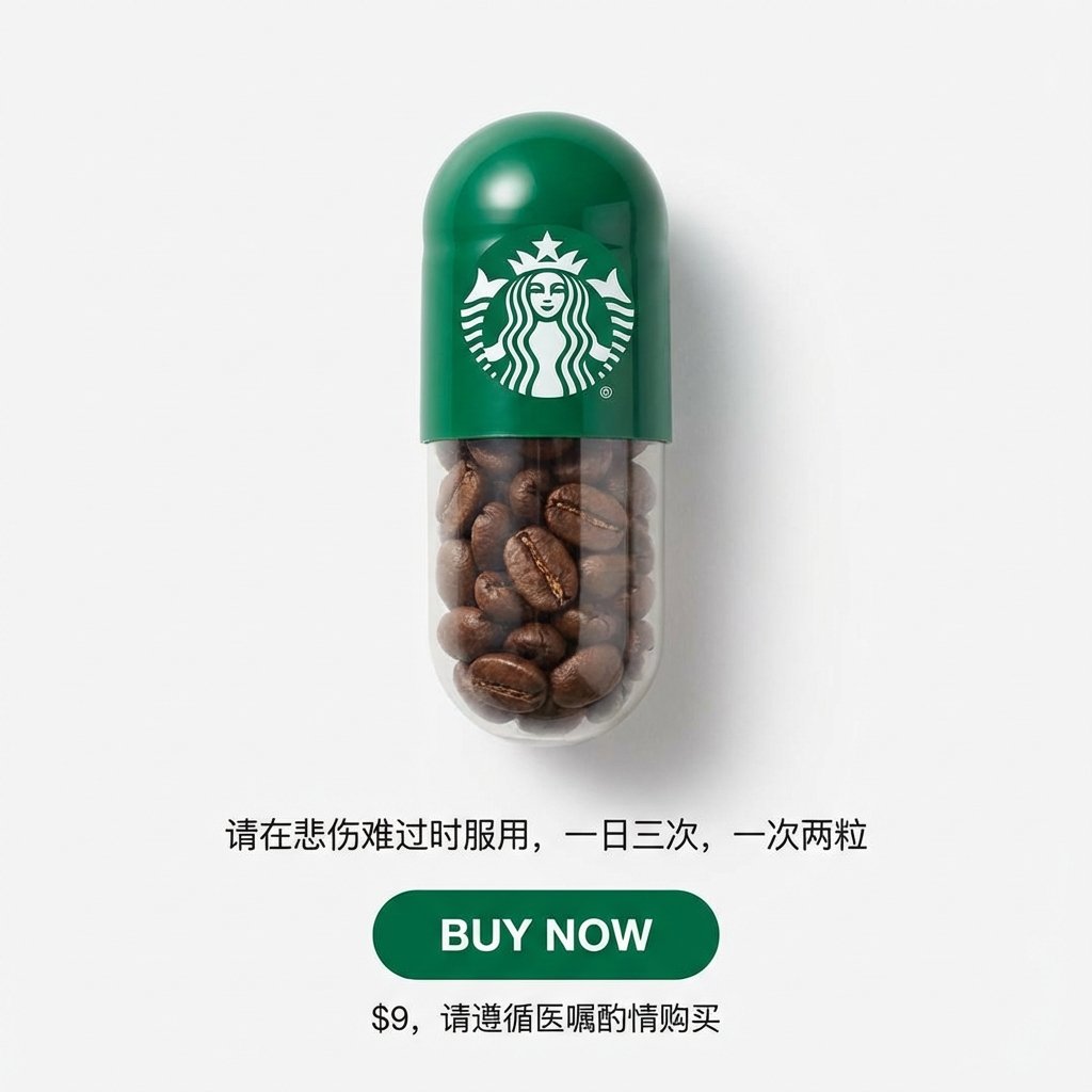 一颗上为星巴克绿下为透明的小药丸，上面印有星巴克logo，里面有很多咖啡豆 说明（小字）：请在悲伤难过时服用，一日三次，... (#pic_285)
