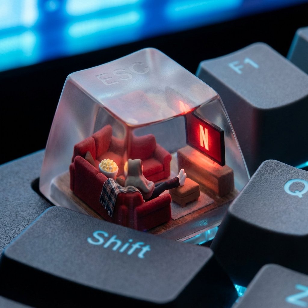 A photorealistic ESC keycap scene shows a miniature (#pic_289)
