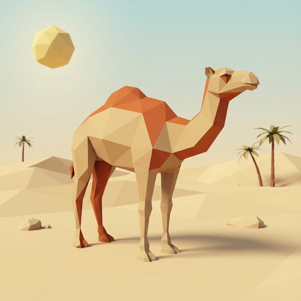 A low-poly 3D render of a camel, built (#pic_291)